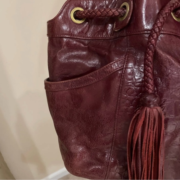 CHARLES DAVID BOHO HOBO BAG TOTE W/ BRAIDED DRAWSTRING TASSELS Burgundy/Oxblood - Picture 3 of 15